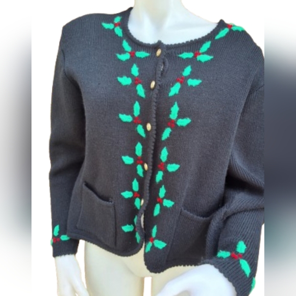 Tally Ho Vintage Mistletoe  Black Gold Button  Holiday Cardigan M/L - Picture 1 of 11